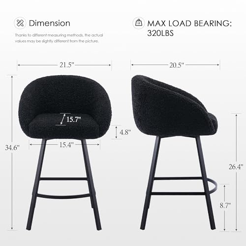 Image of Zesthouse Swivel Counter Height Stool, Modern Single Bar Stool for Kitchen Island, 26'' Black Sherpa Kitchen Counter Height Chair with Barrel Arms & Back, Upholstered Fabric Bar Chairs with Metal Legs