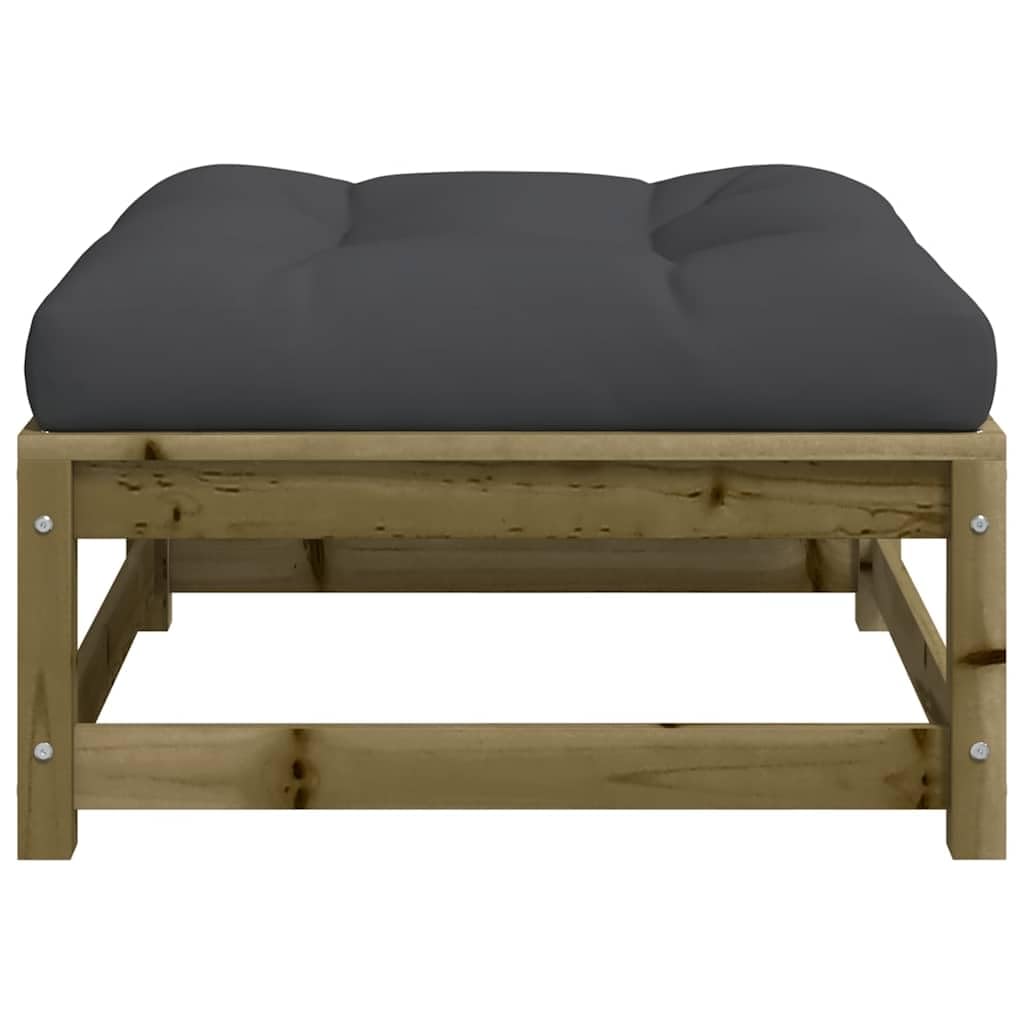 Zestaw 2 stołków ogrodowych impregnowanych drewna sosnowego, 70 x 70 x 30 cm, z poduszkami w kolorze antracytowym, modułowa konstrukcja, na taras i na zewnątrz, maks. obciążenie 110 kg