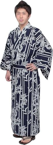 JapanBargain, Japanese Men's Cotton Yukata Kimono Bath Robe Bamboo and Dragon Design, Navy Color, Made in Japan