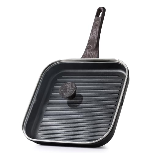 Image of SENSARTE Nonstick Grill Pan with Lid, Grill Pan for Stove Tops, Versatile Griddle with Pour Spouts, Square Big Cooking Surface, Durable Skillet Indoor & Outdoor Grilling. PFOA Free, 9.5 Inch