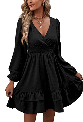 Rooscier Women's Wrap V Neck Swing Ruffle Swiss Dots Long Sleeve Mini Dress Solid Black Large #TOP5