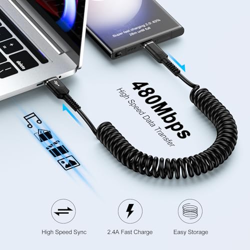 Coiled USB A to USB C Cable for Car, Type C Samsung Phone Charger Retractable Android Auto Cable for Samsung Galaxy S25 S24 Ultra S23 FE S22 S21 S20 A15 A55 A56 A35 A25 A34 A14 iPhone 15 16 - Image 4