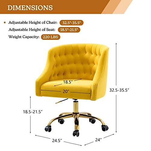 Velvet Home Office Chair With Gold Base, Comfortable Modern Cute Desk Chair, Adjustable Swivel Task Chair For Living Room Bedroom Vanity Study, Yellow #TOP1