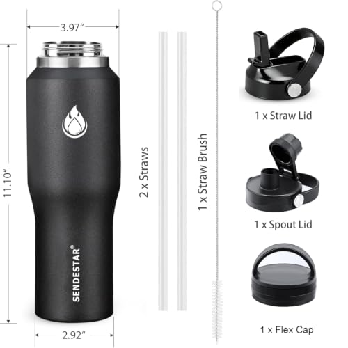 Image of SENDESTAR 40oz Stainless Steel Water Bottle(Cold for 48 Hrs, Hot for 24 Hrs),Double Wall Vacuum Insulated Bottle with Straw Lid, Spout Lid and Flex Cap, Fit in Any Car Cup Holder,Black