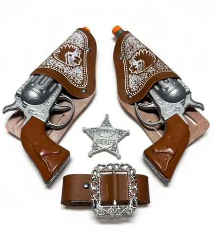 VINCAM Western Cowboy Sheriff Accessory 6PC Set Fancy Dress Costume Kit with 2 Toy Guns Holsters Belt Sheriff Badge Cowgirl Role Play Theme Party Costume Accessories