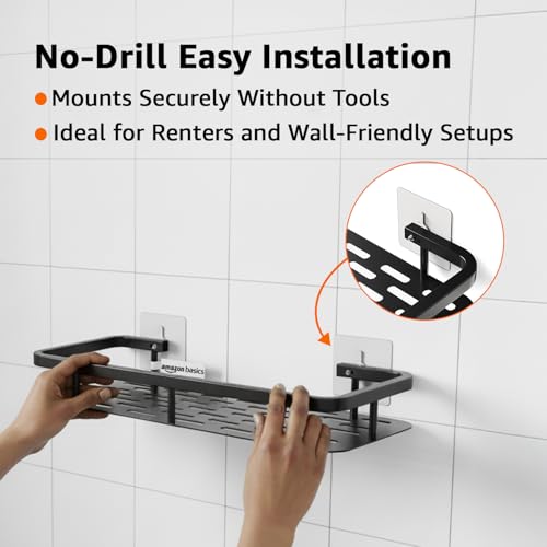Image of Amazon Basics Wall Mounted Bath Rack - Self adhesive | Mild Steel Bathroom Organizer Shelf for Shampoo, Soap & Accessories | Rust-Resistant, Lightweight & Easy to Maintain - 30.1 x 13 x 4 cm, Pack of 2, Black