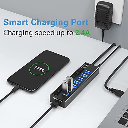 Powered USB Hub 3.0, atolla 7-Port USB Data Hub Splitter and One Smart Charging Port, USB Extension Hub with Individual On/Off Switches and 5V/4A Power Adapter