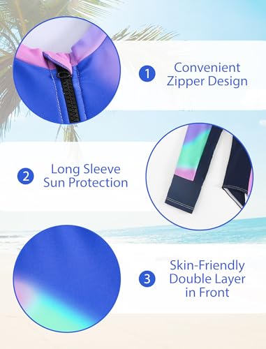 JiAmy Girls 2-Piece Rash Guard Long Sleeve Zip Swimsuit Tie Dye Crew Neck Bathing Suit Kids Swimwear 8-12 Y3