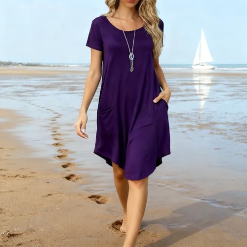 Image of Women Casual Loose Soft Crewneck Short Sleeve Pockets Swing T-Shirt Dress