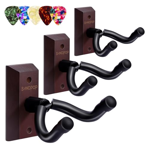 Bandpop Guitar Wall Mount 3 Pack - Solid Beech Wood Guitar Hanger with 5pcs Picks for Acoustic, Electric, Bass, Banjo, Mandolin