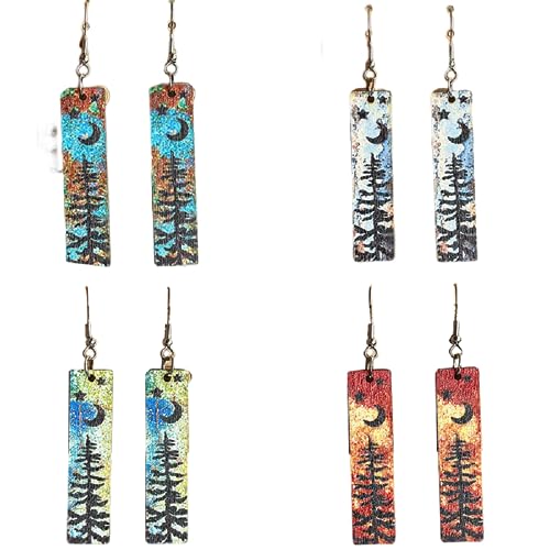 Handmade Bohemian Colorful Vintage Nature Wooden Night Forest Dangle Drop Earrings Boho Lightweight Geometric Bar Star Moon Tree Printed Wood Earring for Women Statement Jewelry Gifts