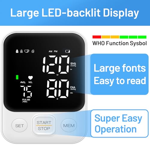 Blood Pressure Monitor Upper Arm Machine Accurate Adjustable BP Cuff Kit Led Backlit Display 2 Users 240 Sets Memory Includes Storage Bag White - Image 4