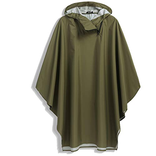 COOFANDY Reusable Rain Poncho, Portable Foldable Raincoat, Rain Gear for Walking Hiking Camping Adult Women Men Army Green