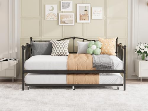 Image of GarveeHome Twin Daybed with Trundle, Metal Sofa Bed Frame with Steel Slat Support, Twin Size Space-Saving Furniture for Living Room, Bedroom, Love Heart Design, No Box Spring Needed, Black | With Steel Slat Support, Twin Size Space-Saving Furniture for Living Room, Bedroom, Love Heart Design, No Box Spring Needed