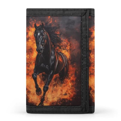 Black Horse Galloping through Flames Trifold Wallets for Men Women Ultra Thin Card Holder Purse with Zip Coin Pocket - Main Image