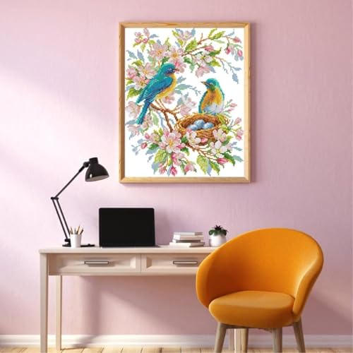 Image of ITSTITCH Stamped Cross Stitch Kits- Full Set of Embroidery for Beginners or Adults,14 CT 2 Strands DIY Singing Blue Bird Patterns Counted Arts Craft 11x13.4 inch