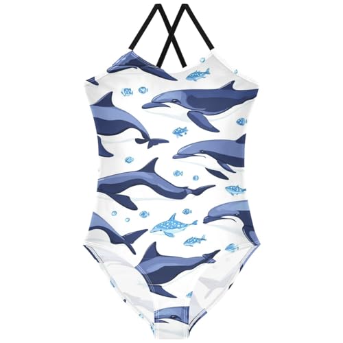 Pigsaly Girls One Piece Swimsuits Blue Dolphin Killer Fish Kids Cross Back Swimwear Toddler Beach Sport Bathing Suit 3T