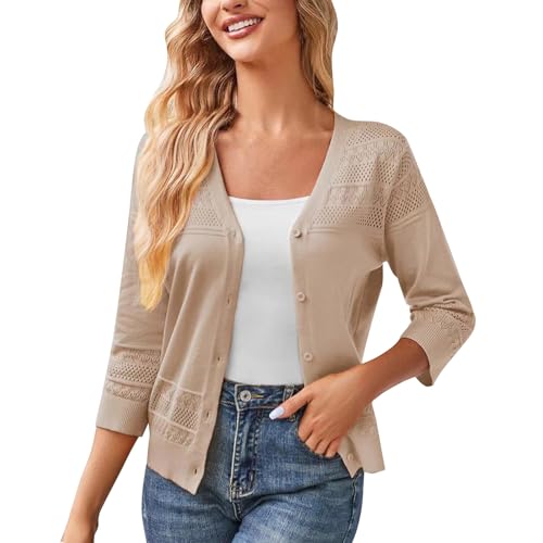 TANGNADE Women's 3/4 Sleeve V-Neck Solid Color Knitted Button Cardigan Sweater Jacket Casual Soft Fall Trendy Outwear