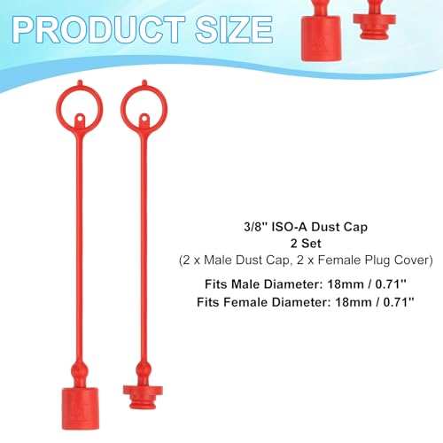 Image of PATIKIL 3 /8 inch ISO-A Hydraulic Coupler Male Dust Cap and Female Plug Cover, Set of 2 Rubber Quick Disconnects Port Plug Cover Fittings Red Cap with Retention Ring