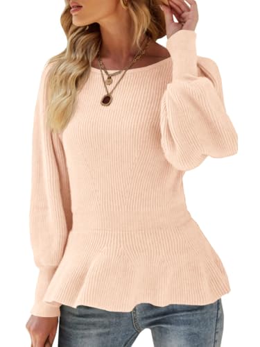 Image of Womens Fall Puff Sleeve Peplum Casual Slim Fit Knit Pullover Sweater Jumper Tops
