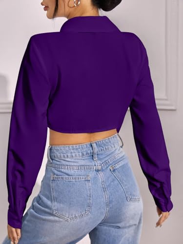 Image of GRECIILOOKS Women`s Oversized Fit Crop Top Shirt | Casual Long Sleev Stylish Collared Shirts for Womens | Comfortable Rich Korean Button Down | Formal Look Stylish Trendy Shirts
