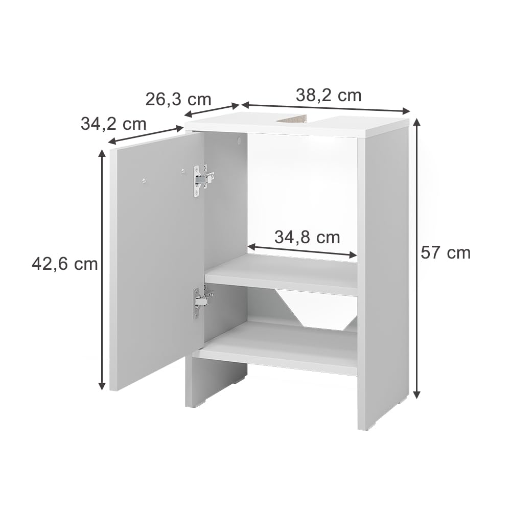 Vicco Meuble Vasque Simple Karli, Blanc, 38.2x57cm avec la Porte, Compatible avec Les siphons Standards et Installation Facile