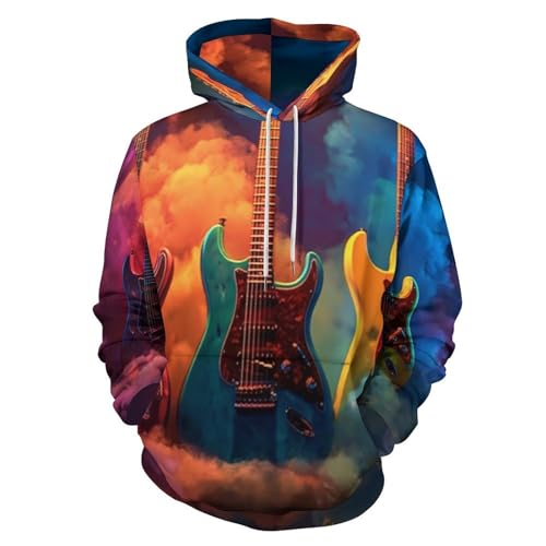 UOMSKTY Homem camisola com capuz casual 3D impressão colorida fumaça Hoodie, mulher abstrato guitarra elétrica Pullover com manga comprida e bolso, Unissexo Streetwear desportiva com cordão, Preto