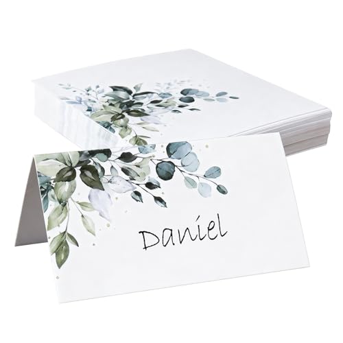 50 Pezzi Segnaposto Cartellini Tavolo Scritta per Tableau Matrimonio Compleanno Comunione Battesimo Cresima Laurea Bigliettini Carta Personalizzato Verde Foglie Decorazione Festa Bomboniere