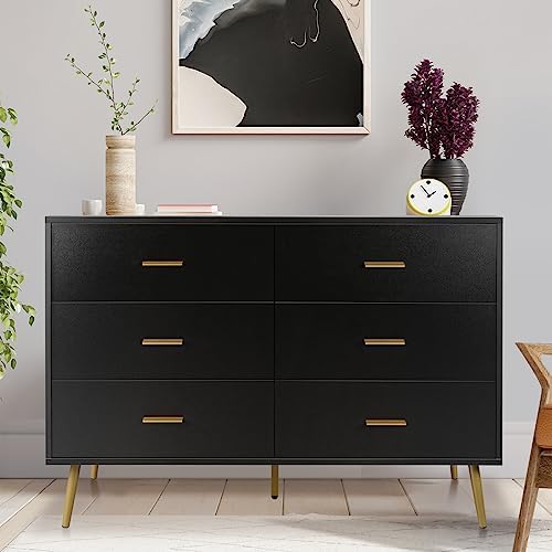 MAISONPEX 6 Drawer Dresser for Bedroom, Black Modern Wood Dresser with Metal Handles, Chest of Drawers, Sturdy Frame Bedroom Furniture, Dressers with Drawers for Closet Hallway, Living Room