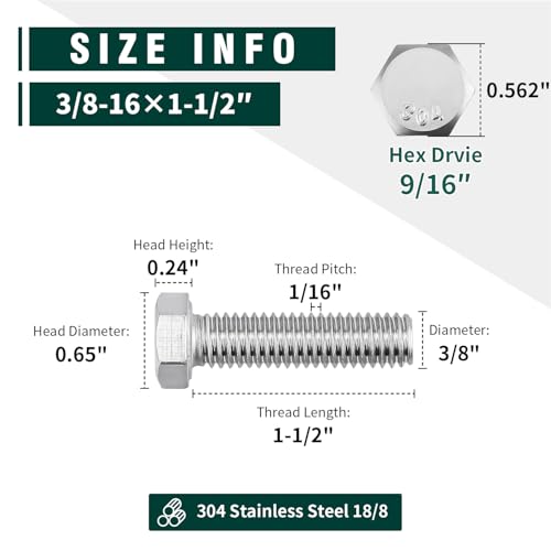 Image of (8 Sets) 3 /8-16 x 1-1 /2 inch Hex Bolt and Nut Kit, 304 Stainless Steel (18-8), Fully Threaded, Flat & Lock Washers Included