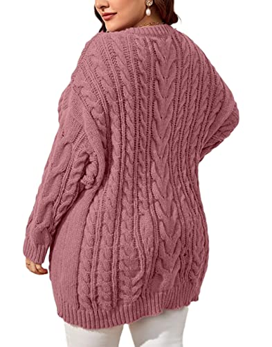 Dyexces Plus Size Sweaters For Women V Neck Long Sleeve Cable Knit Sweaters Casual Fall Sweaters Soft Jumper Tops Pink thumb #1