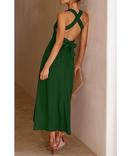 Image of Sexyshine Women's Square Neck Halter Lace Up Criss Cross Maxi Dress Tie Back Sleeveless Smocked Ruched A Line Dress