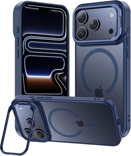 Image of Elzzi Translucent Matte Case for iPhone 17 Pro Max, Built-in Adjustable Kickstand Camera Stand Translucent Magnetic MagSafe Phone Cover (Navy)