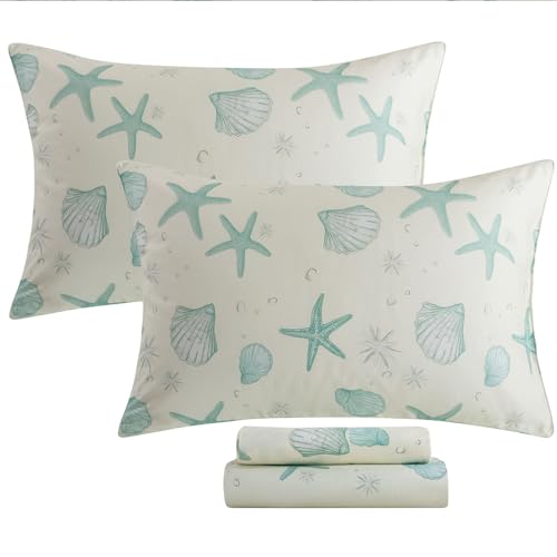 Image of FADFAY 100% Cotton Coastal Sheet Set Full - Ultra Soft Breathable Beach Bedding, Seafoam Green Starfish & Seashell Print, Ocean Themed Bed Sheets for Coastal Bedroom Decor, Deep Pocket, 4 Piece Set