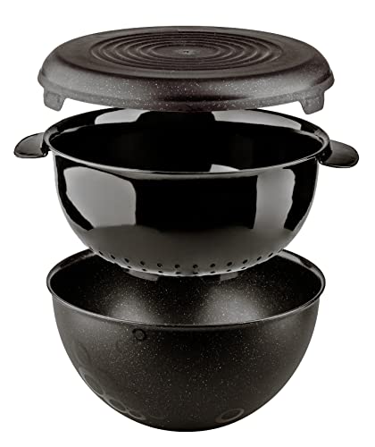 Go Practic 3-er Set Schüssel Sieb Deckel aus Kunststoff, Durchschlag Rührschüssel-Set, Schüssel Abtropfsieb Vorbereiten & Servieren Set, Salatschüssel Spülmaschinengeeignet 3 l Kosmos Schwarz Cover