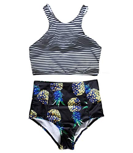 Mansy Women's 2PCS Tripe Padded Push Up High Waisted Bikini Swimsuit Swimwear