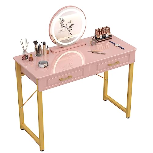 WESTREE Vanity Desk with Drawers and Storage Shelf, Modern Makeup Table with Glossy Desktop, Gold Metal Frame Writing Desk for Bedroom or Home Office, No Mirror