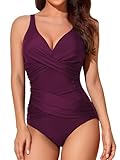 Smismivo Tummy Control Swimsuits for Women Slimming One Piece Bathing Suit Modest Padded Ruched Push Up Long Torso Curvy Shapewear V Neck Criss Cross Swimming Full Coverage Swimwear (Merlot)