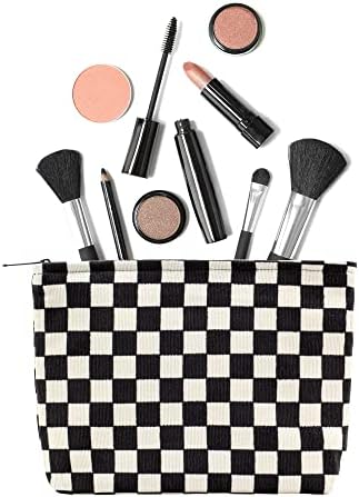 Makeup Bags for Purse Zipper Cosmetic Pouch Large Travel Canvas Make Up Organizer Tool Pouch for Women and Girls PAZIMIIK,Checkered Black — view 2