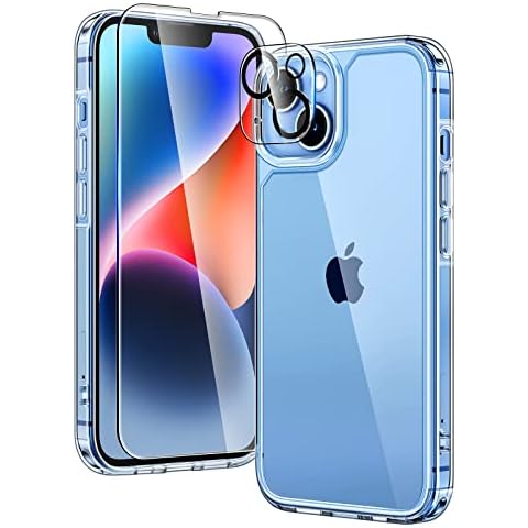 TAURI 5 in 1 Defender Designed for iPhone 14 Plus Case, 1 phone case + 2 Screen Protector + 2 Camera Protector [Military Grade Protection] Anti-Yellow Shockproof 360 Protective Cover Slim - Clear Cover