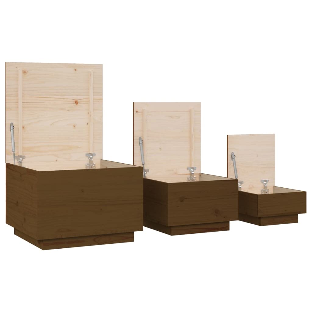 3er Set Aufbewahrungsboxen Holz Kiefer Kisten mit Deckel | Rustikale Beistelltische und Truhen aus massivem Kiefernholz in Honigbraun für das Wohnzimmer.