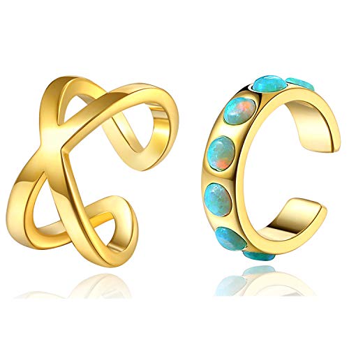 18K Gold Plated Non Pierced Gold Ear Cuff Set of Two - Opal Band and Criss Cross Ear Cuff No Piercing