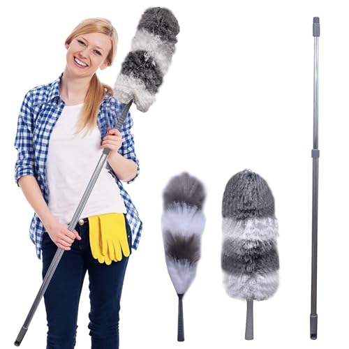Knight Telescopic Extendable Feather Duster with 1.6m Stainless Steel Handle | 2 Washable Replacement Heads -Microfiber & Anti-Static | Perfect for High Reach Cleaning, Ceiling Fans, Blinds, Cobwebs.