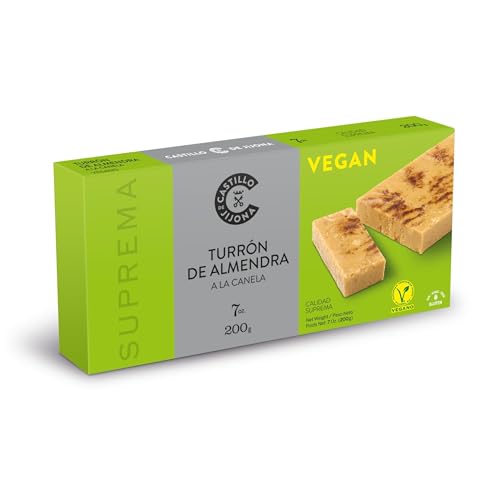 Castillo de Jijona - Turrón de Almendra a la Canela Vegano 200gr - Turrón Vegano - Almendra Selecta - Etiqueta V-Label - Sin Gluten - Calidad Suprema - Receta Artesanal - Fabricado en España (Jijona)