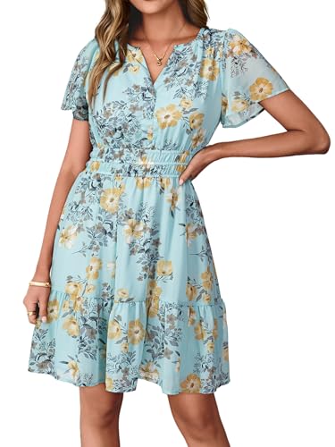 Simplee Women 2026 Floral Summer Short Dress Short Sleeves V