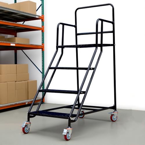 Image of 4 Step Rolling Ladder - Mobile Rolling Stairs with Wheels, Heavy Duty Industrial Safety Non-Slip Metal Rolling Ladders, 880lbs Capacity, for Warehouse, Garage, Supermarket