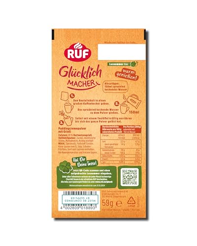 RUF Glücklichmacher Tassenpudding Grieß, Cremepudding für schnelle Desserts, Tassencremepudding, nur Wasser hinzufügen, 1 x 59g Beutel