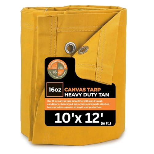 DDRS Heavy Duty Waterproof Canvas Tarp – 10x12 ' 24 oz, Tan with Grommets | Durable Multipurpose Cover for Camping, Canopies, Tents, Trailers, Machinery & Equipment