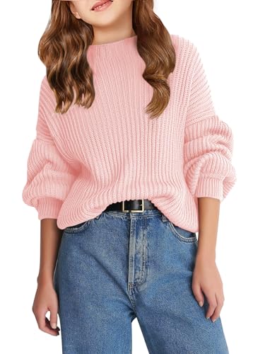 Haloumoning Pullover Mädchen Rundhalsausschnitt Langarm Strickpullover Einfarbig Lose Oberteile Kinder Herbst Winter Langarm Sweater Rosa, 6-8 Jahre