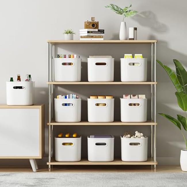 8 Pack White Storage Bins with Lids Stackable Storage Container for Organizing, Storage Boxes with Handle for Shelves, Cute Storage Bin for Craft, Snacks, 9.85x6.9x5.7 inch